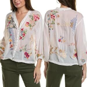 Johnny Was Long Sleeve Embroidered Velouette Button Up Blouse White Size Medium